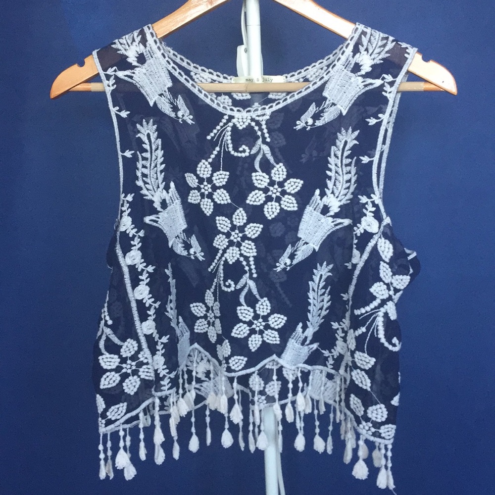May & July embroidered, tassel crop top